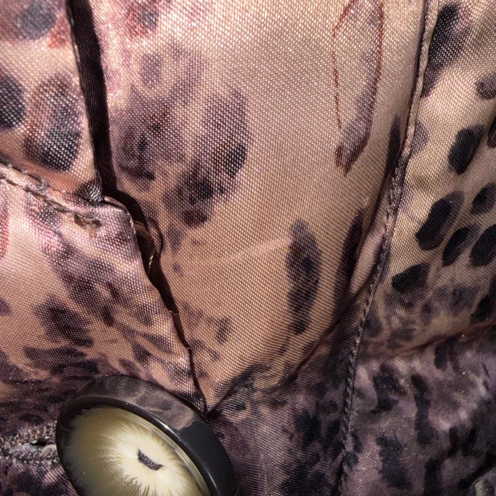 Tuleh Y2K Leopard Print Real Fur Trim Hooded Trench Coat M B35 W31 H38 DAMAGED